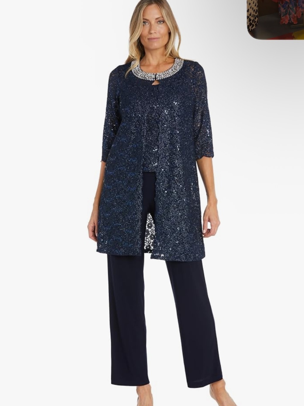 R&M Richards TEAL Sequin Open-Front Jacket and Pants Set with Beaded Neckline
